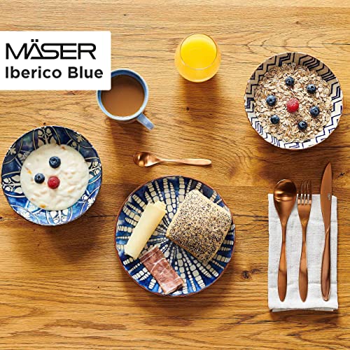 MÄSER 934017 Iberico Blue 12-teiliges Tafelservice für 4 Personen im maurischen Stil, Teller Set mit verschiedenen Vintage Mustern in Weiß und Blau, Steinzeug