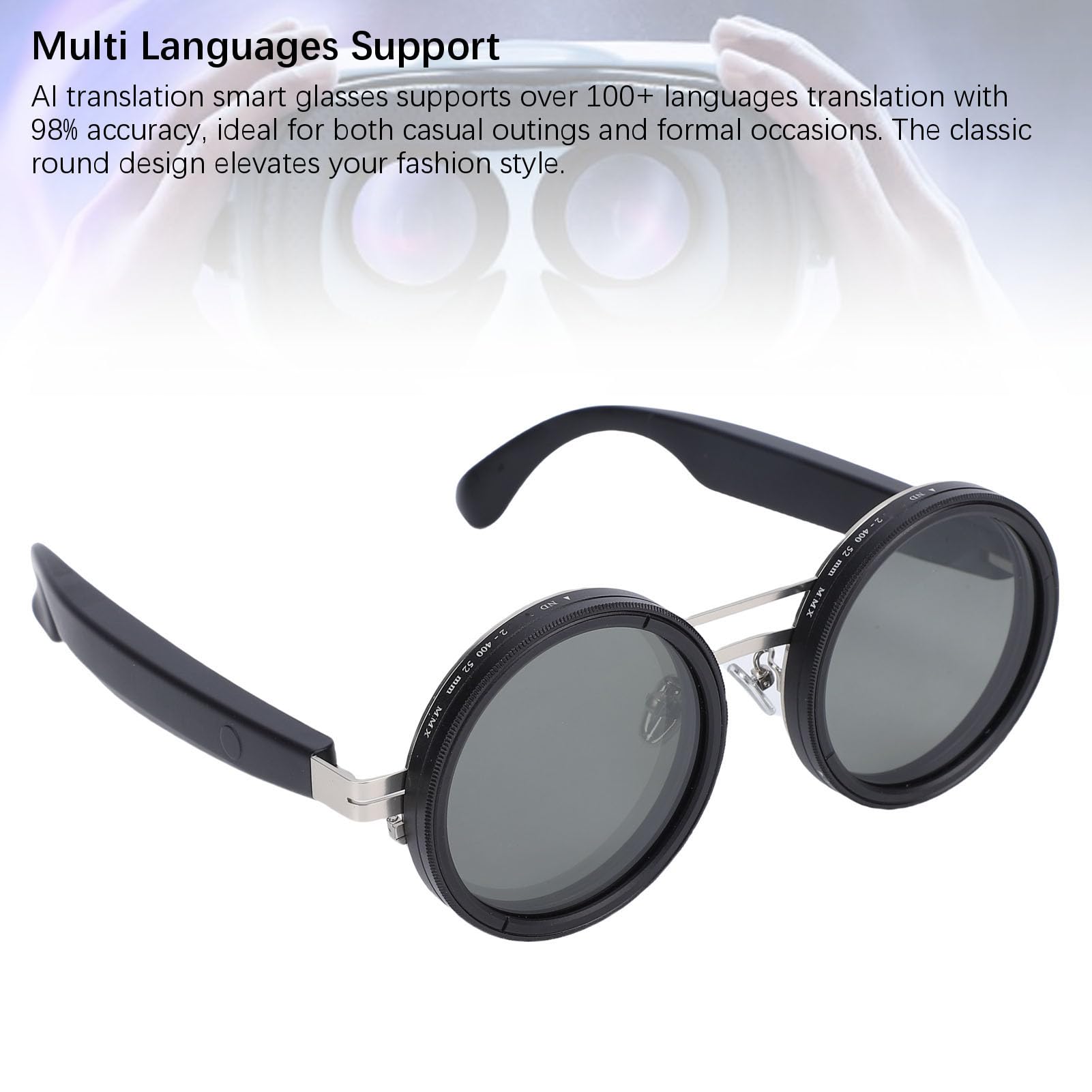 Fockety Lunettes Intelligentes de Traduction AI, Plus de 100 Langues, Traduction en Temps Réel, Lunettes Bluetooth