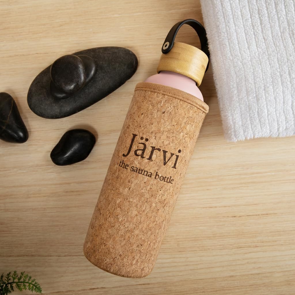 Jarvi The Sauna Bottle - 18 oz / 550ml Icy Cold Water & Cool to Touch even in Hot Saunas - Natural Cork x Neoprene Outer Layer - Double Wall Insulated Steel Bottle (Pastel Pink, Medium)