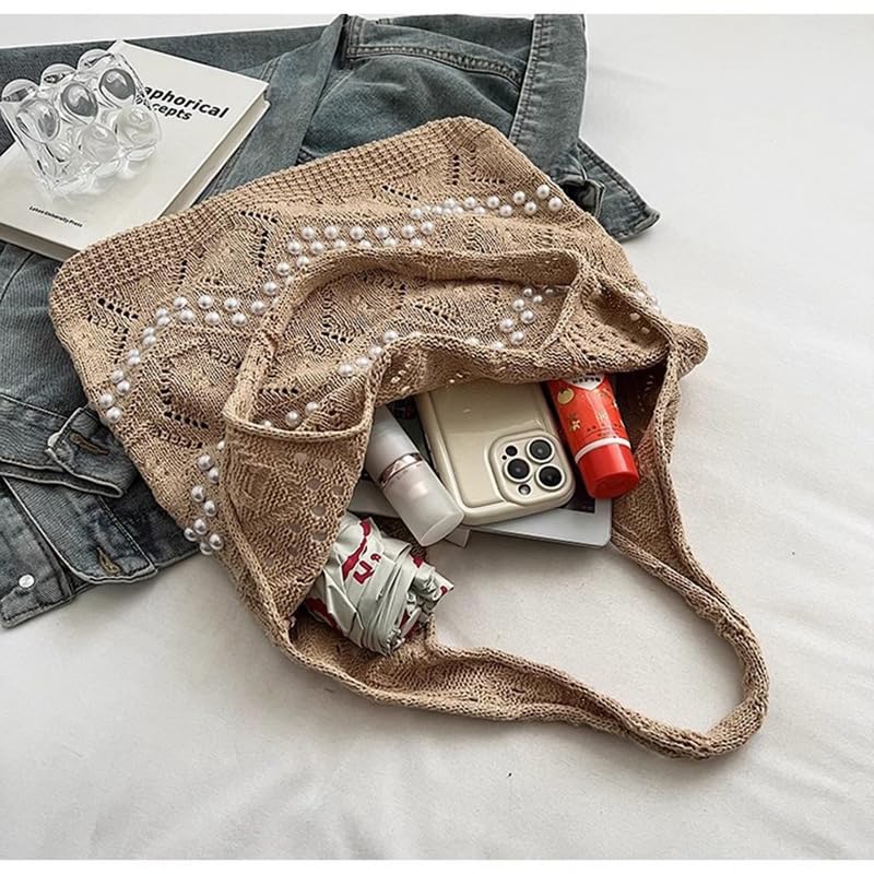 Boho Crochet Beach Tote Shoulder Bag with Colored Beads | Colorful Aesthetic Hippie Knit Bag for Women4