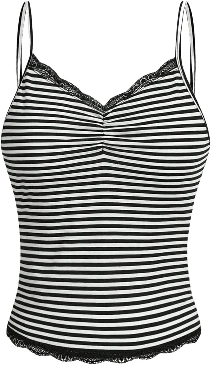 SOLY HUX Women's Striped Lace Trim Cami Top Spaghetti Strap Summer Y2K Camisole