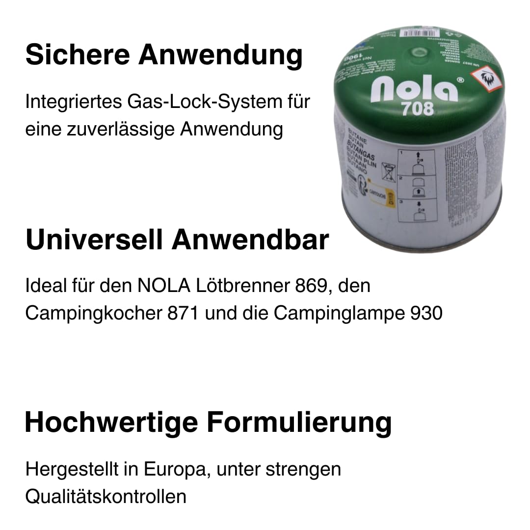 NOLA Cartuchos de Gas butano 190 g (Pack de 8) | Cartuchos universales para hornillos, lámparas y quemadores de Camping | Compatible con Dispositivos de Cartucho 708