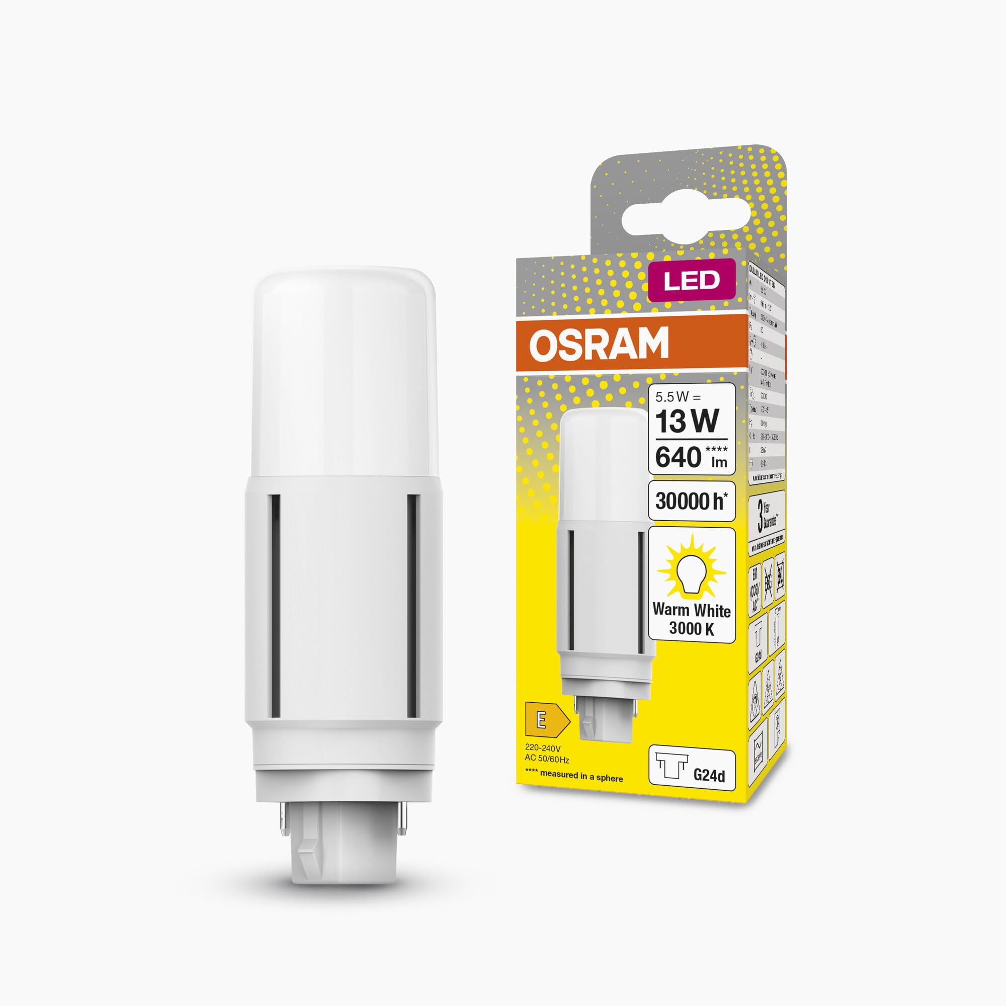 Osram DULUX LED D13 VT EM, G24D, 5,5W, 640lm, 3000K, warmweiße Lichtfarbe, für vertikale Applikationen geeignet dank Abstrahlwinkel von 300 Grad, extrem lange Lebensdauer, keine Aufwärmzeit