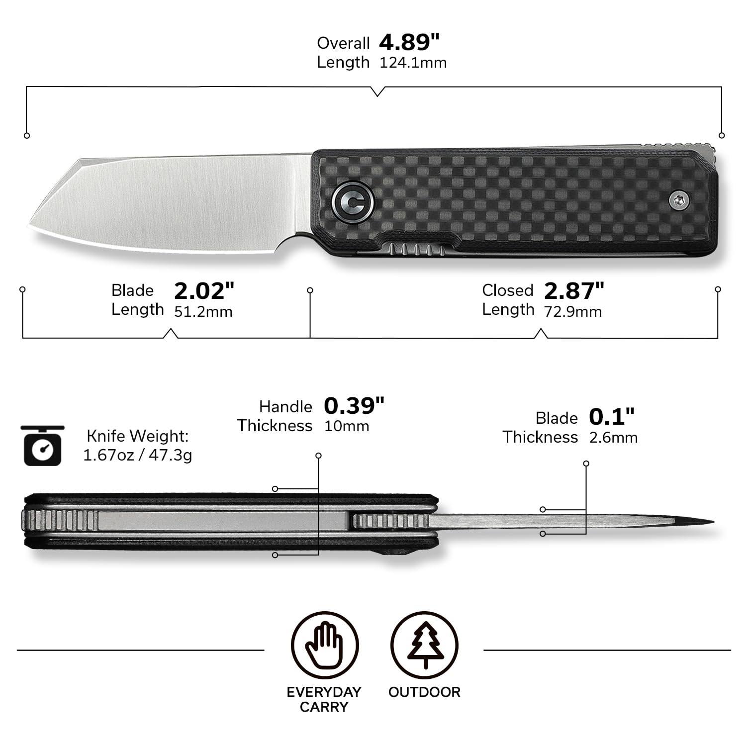CIVIVI Kukei Mini Pocket Knife, Folding Knife 5.12 CM Nitro-V Blade Carbon Fiber with Black G10 Handle, EDC Knife, Front Flipper Opener C25036-4