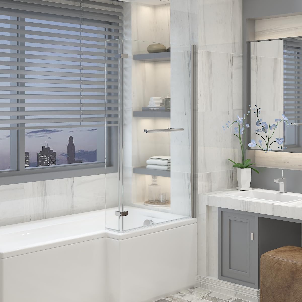 Aquariss Chrome With Handle Chrome 1400X810mm L Shape Bath Screen With Hinged Return Handle