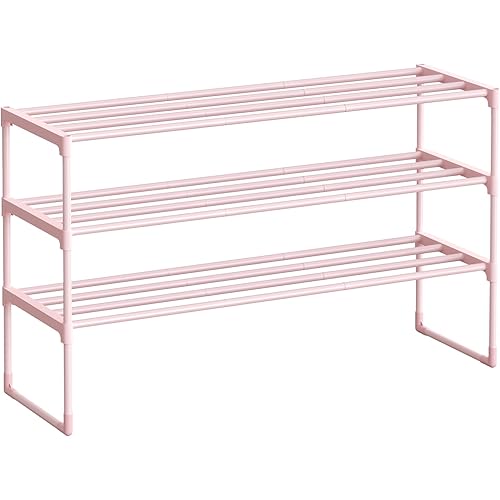SONGMICS Shoe Rack, 3-Tier Shoe Organizer, Metal Storage Shelf, Upright or Upside Down, for 16-20 Pairs, Stackable, for Entryway, 11.8 x 36.2 x 21.7 Inches, Jelly Pink ULSA303S01