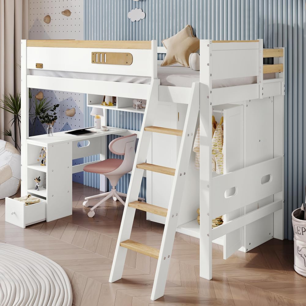 Litera para niños con rejilla anticaídas, estante de armario y escalera para habitación infantil