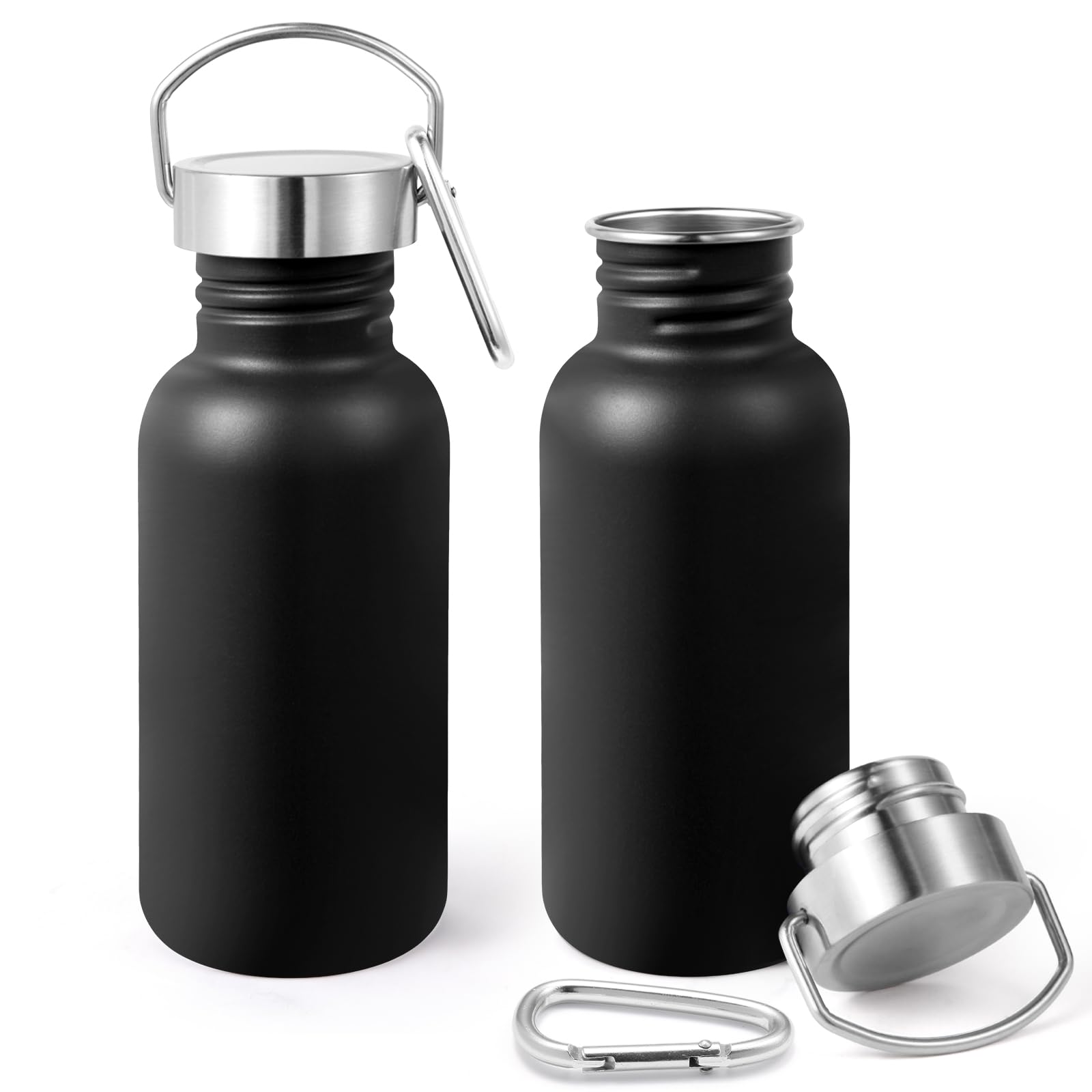 Volhoply 500ml Uninsulated Single Walled Water Bottles 2 Pack, Stainless Steel Sports Water Bottle with Handle & Carabiner, BPA Free Reusable Water Flask for Camping Hiking Biking (Black,2)