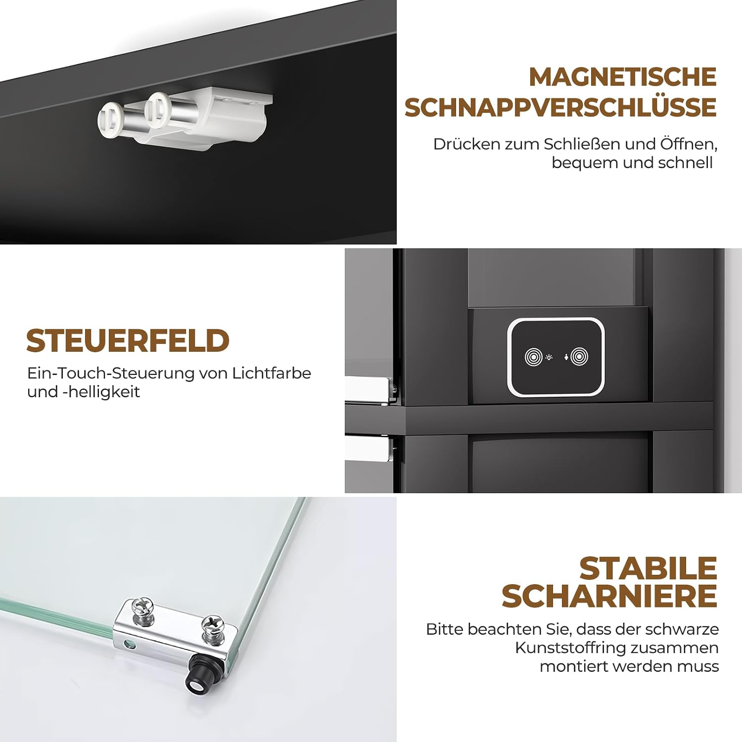 BROTTAR cabinet hardware details: magnetic latches, control panel, hinges