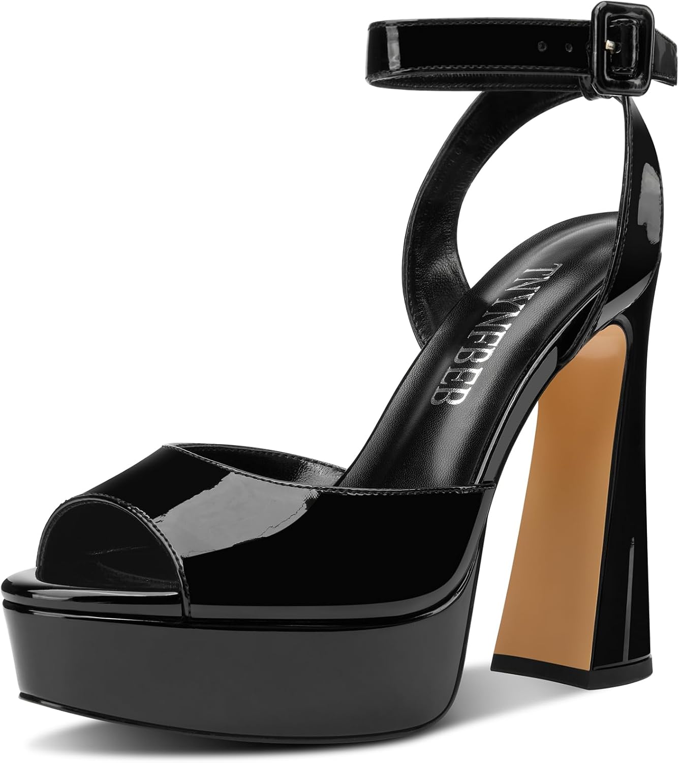TNYNFBEB Womens Chunky Block High Platform Heel Peep Open Toe Sandals Ankle Strap Buckle Prom Dress Patent Leather 5.1 Inches Heels