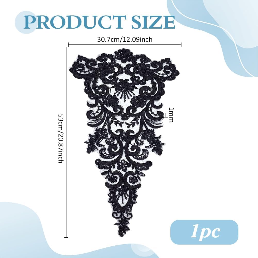 PH PandaHall Black Lace Applique with Beaded Sequin Embroidered Patch Flower Sew on Applique Patches Floral Fabric Patch for Bridal Wedding Dress Gown Costume Decor DIY Craft, 19.6x11.8 Inch