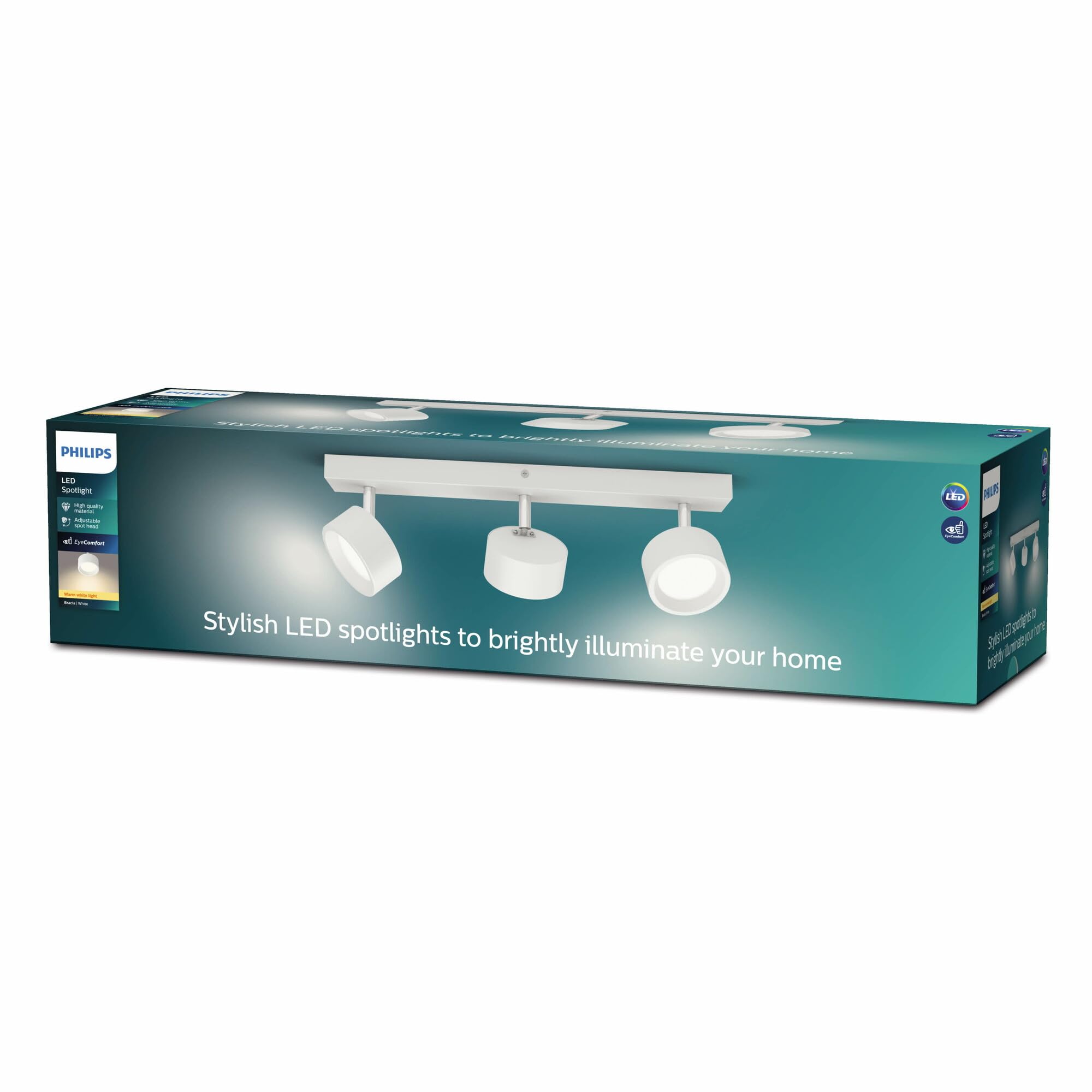 Philips Barra de Iluminación Bracia, con 3 Focos 5.5W, 550 lm, Luz Blanca Cálida, 2700k, Blanco