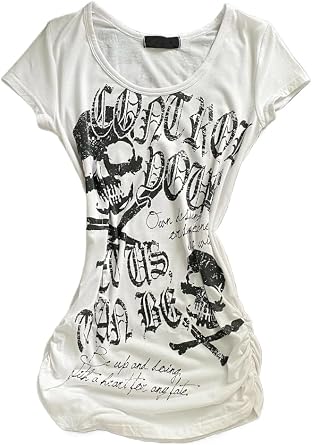 Y2k Vintage Skull Graphic Tee Tops Grunge Aesthetic Short Sleeve Shirt Summer Gothic Going Out Outfits Punk Clothes