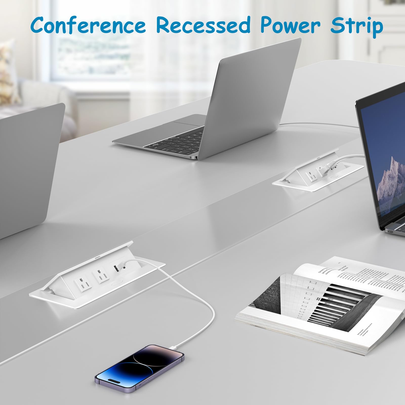 XBA Pop up Outlet Desk Recessed Power Strip with PD 20W USB C,2 USB-A, 2 AC Outlets Charging Ports, Desktop Hidden Power Strip with USB UL Listed 6FT Cord for Conference, Table, Countertop (White)
