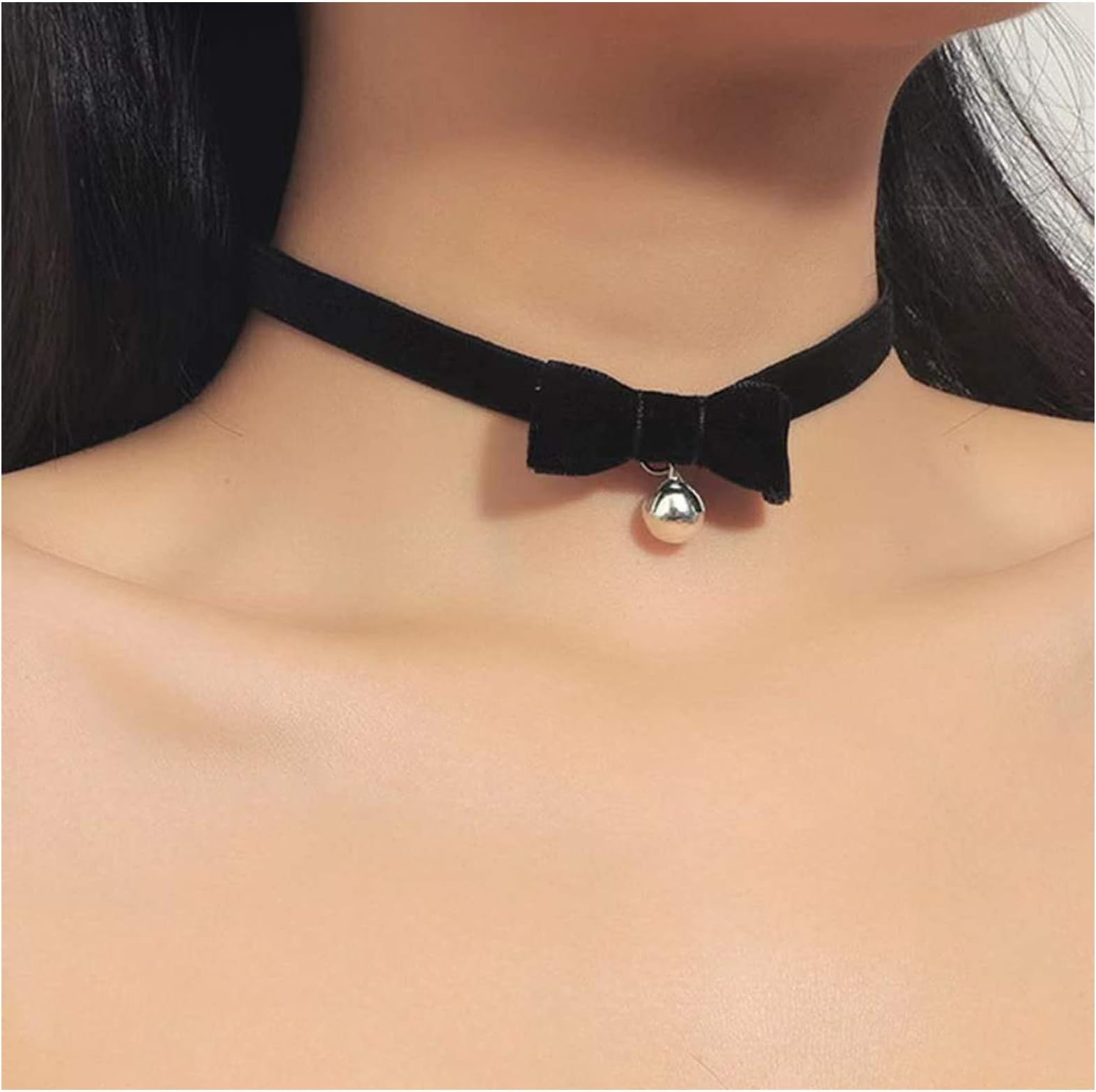 ErimberatePunk Black Ribbon Velvet Bow Necklace Silver Bell Collar Necklace Black Bow Tie Suede Choker Necklace Black Satin Choker Necklace Jewelry for Women and Girls Gifts