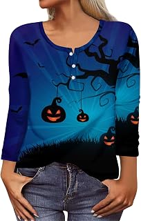 Pumpkin Print Round Button Neck Tops Halloween Costumes for Women Women's Fall Long Sleeve Tops 2023 Casual Fashion Loose Tee Shirts UK Women Pullover Shirts Women Halloween Graphic Tee Shirts