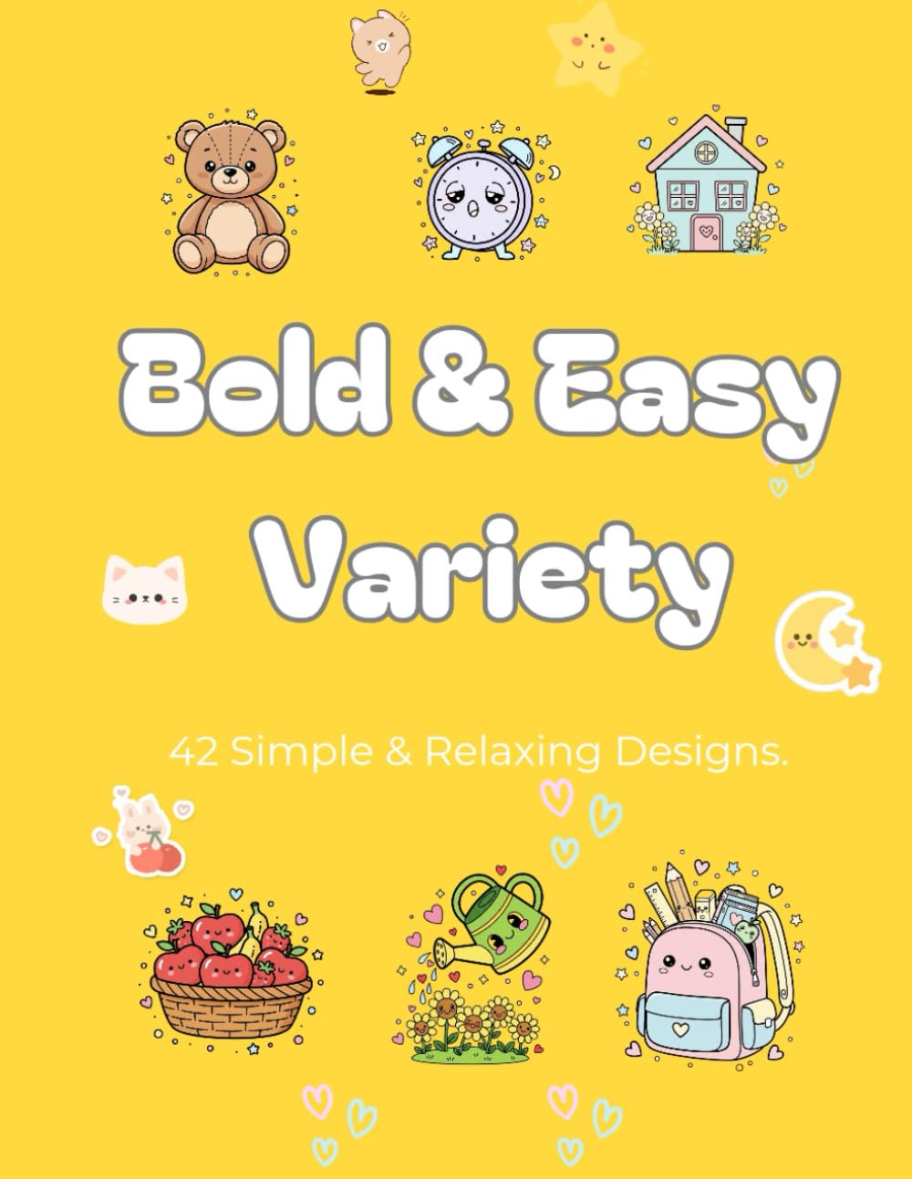 Bold & Easy Variety: 42 Simple and Relaxing Designs with Thick Lines – Featuring Flowers, Animals, Food, and Landscapes for Seniors and Beginners