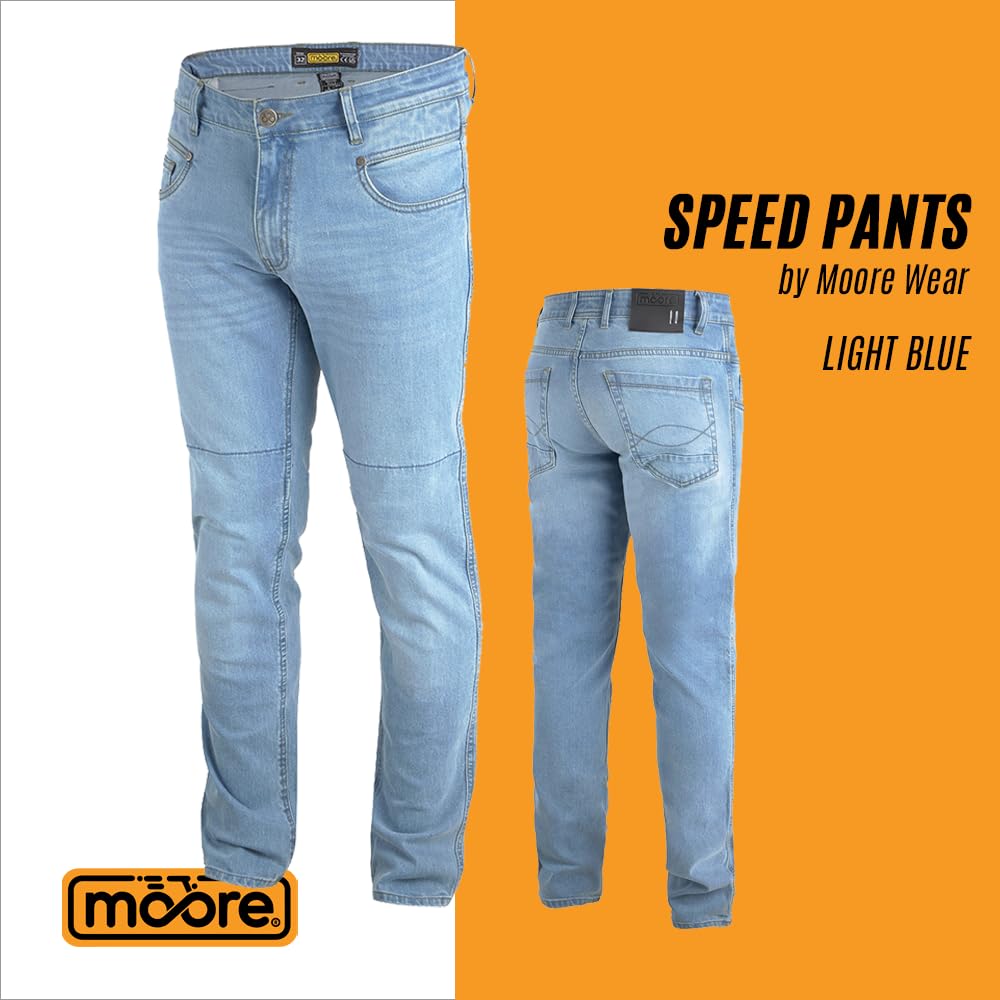 Moore Pantalón de Moto Speed Celeste – Vaquero Slim Fit, Protecciones CE Nivel 2, Tejido Denim Reforzado, Certificación EN 17092-4:2020 A