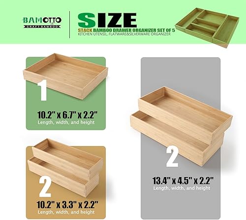 Miniatura 2 de Juego de 5 organizadores de cajones de bambú apilables, utensilios de cocina, cubiertos y cubiertos de madera laminada, apilable para cocina,