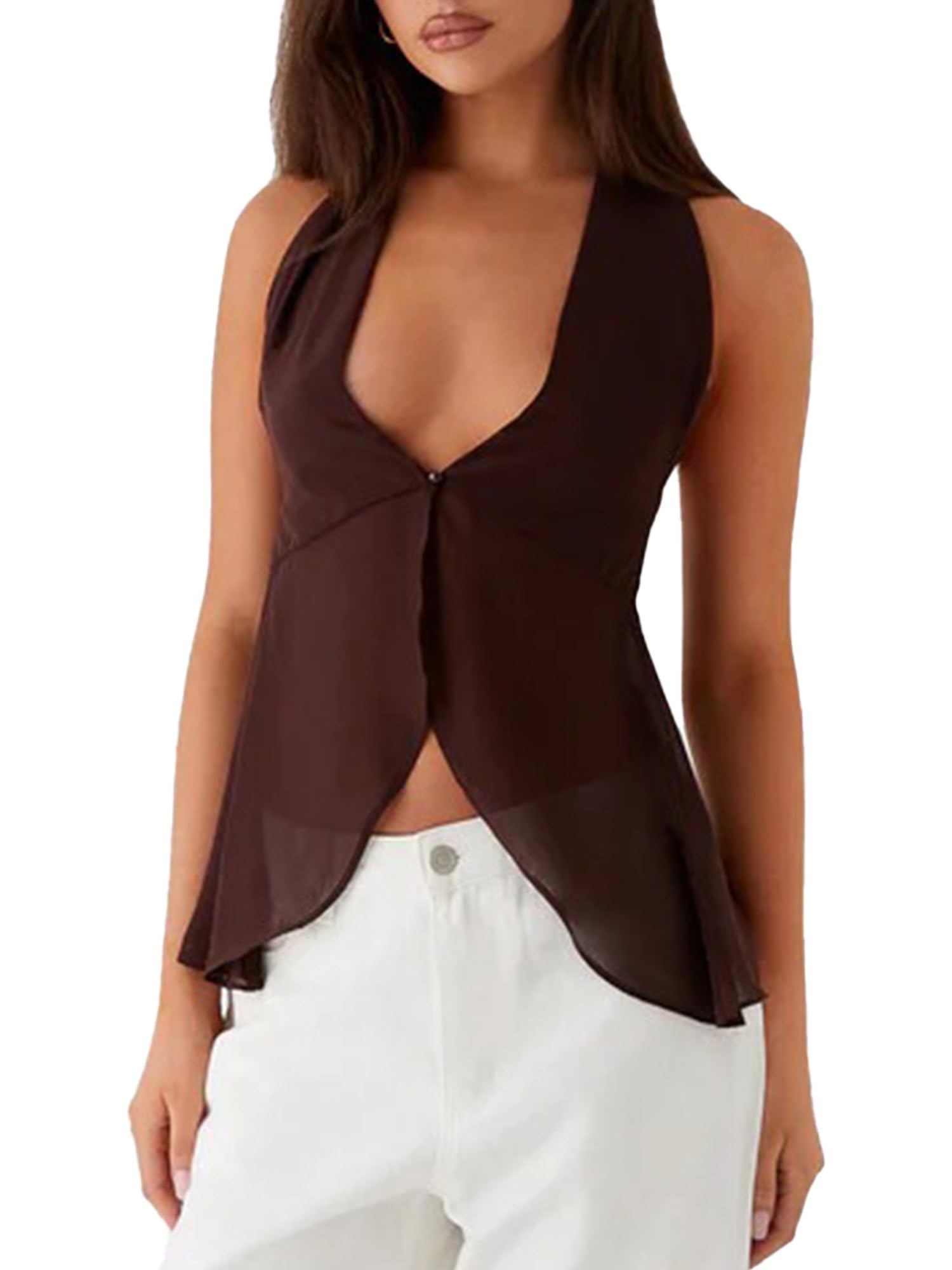 Sexy Outfit Top con Cuello Halter para Mujer, Blusa sin Mangas de Gasa Transparente con Cuello en V Profundo y Espalda Abierta, Top Elegante para Fiesta de Verano