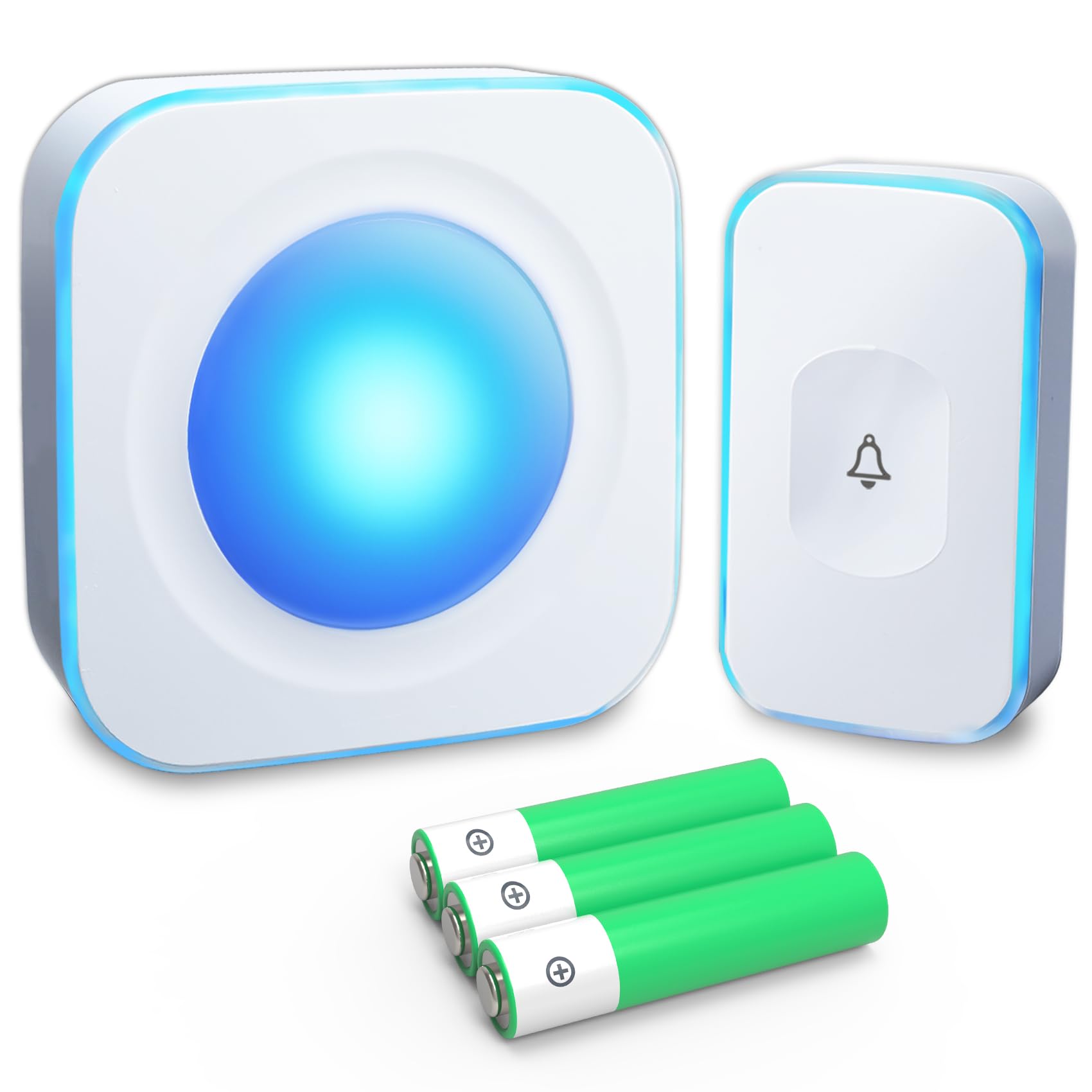 Jsieem 1Battery Operated Receivers 1Button White Wireless Doorbell Battery Operated Door Chimes & Bells At 1200 Feet With Flashing Light 4 Volume 36 Melodies（1 Portable Receiver & 1 Button White)