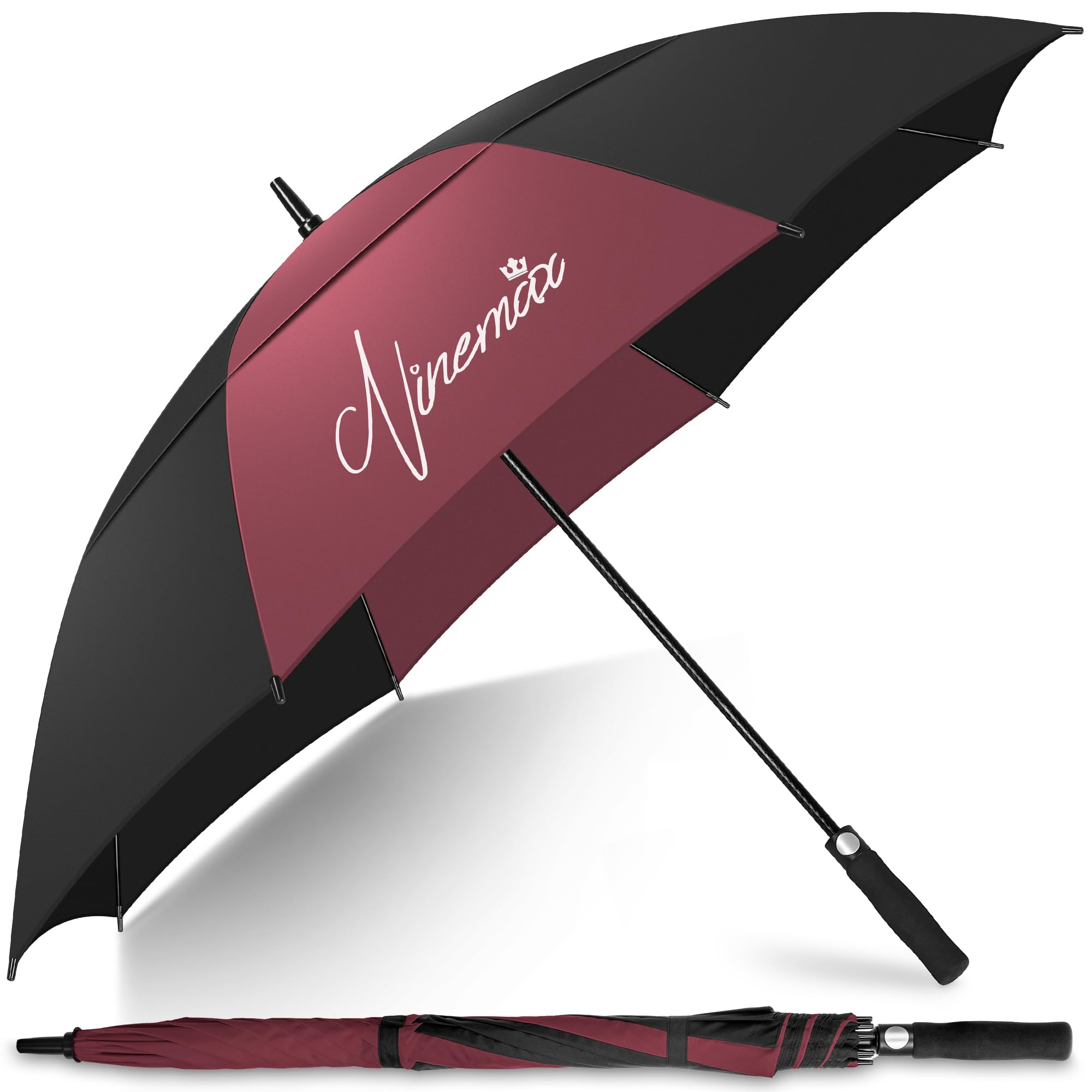 NINEMAX Golf Umbrella Windproof and Rainproof 62inch, Large Umbrella Double Canopy, Heavy Duty Golfing Brolly Unbreakable for Men Woman(Burgundy/Black)
