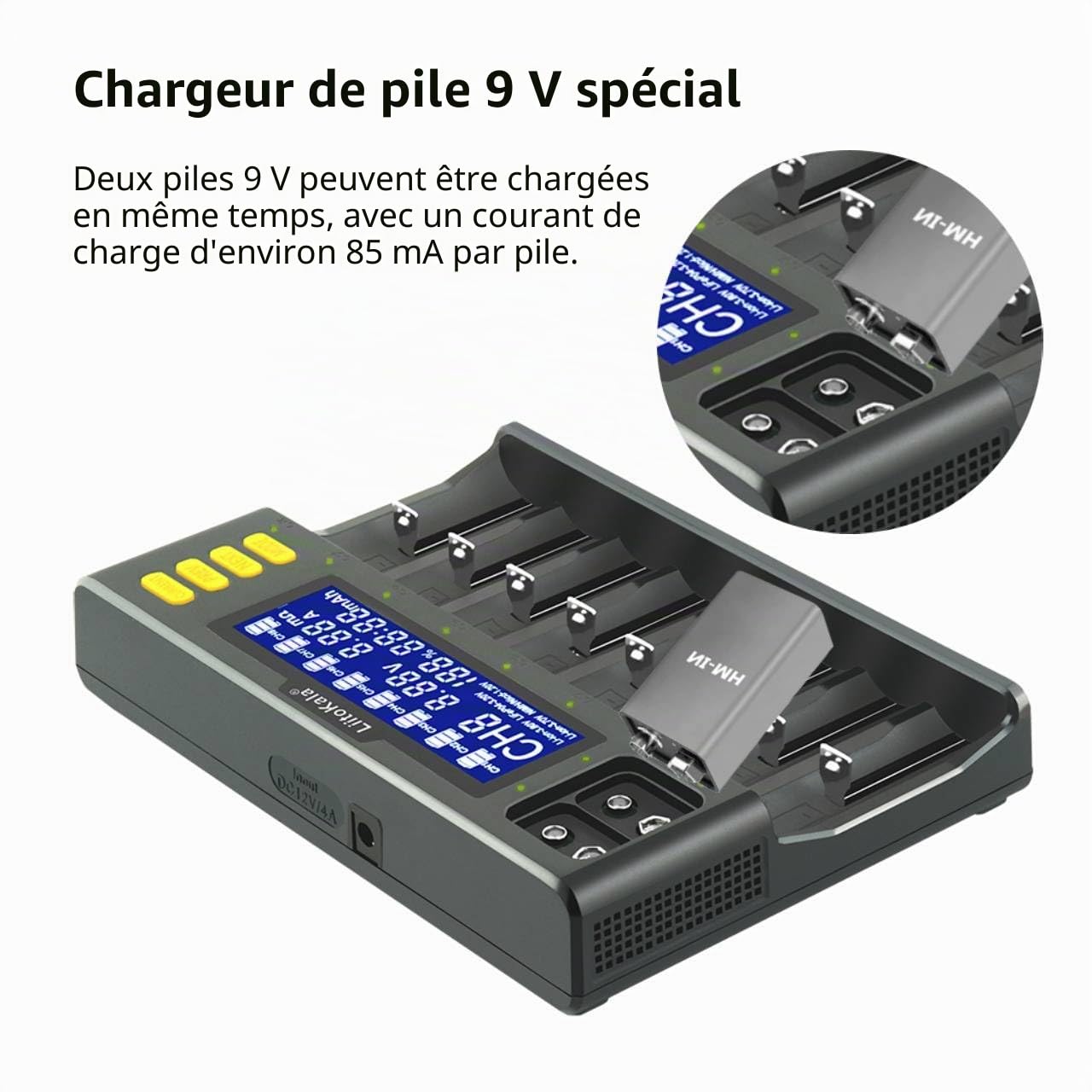 Chargeur de Batterie 18650, LiitoKala LII-S8 Chargeur de Batterie 9V avec écran LCD, Chargeur Batterie pour Li-ION LiFePO4 Ni-MH Ni-CD AA AAA C 21700 26650 13650 16340 18700 RCR123, 8 Baies