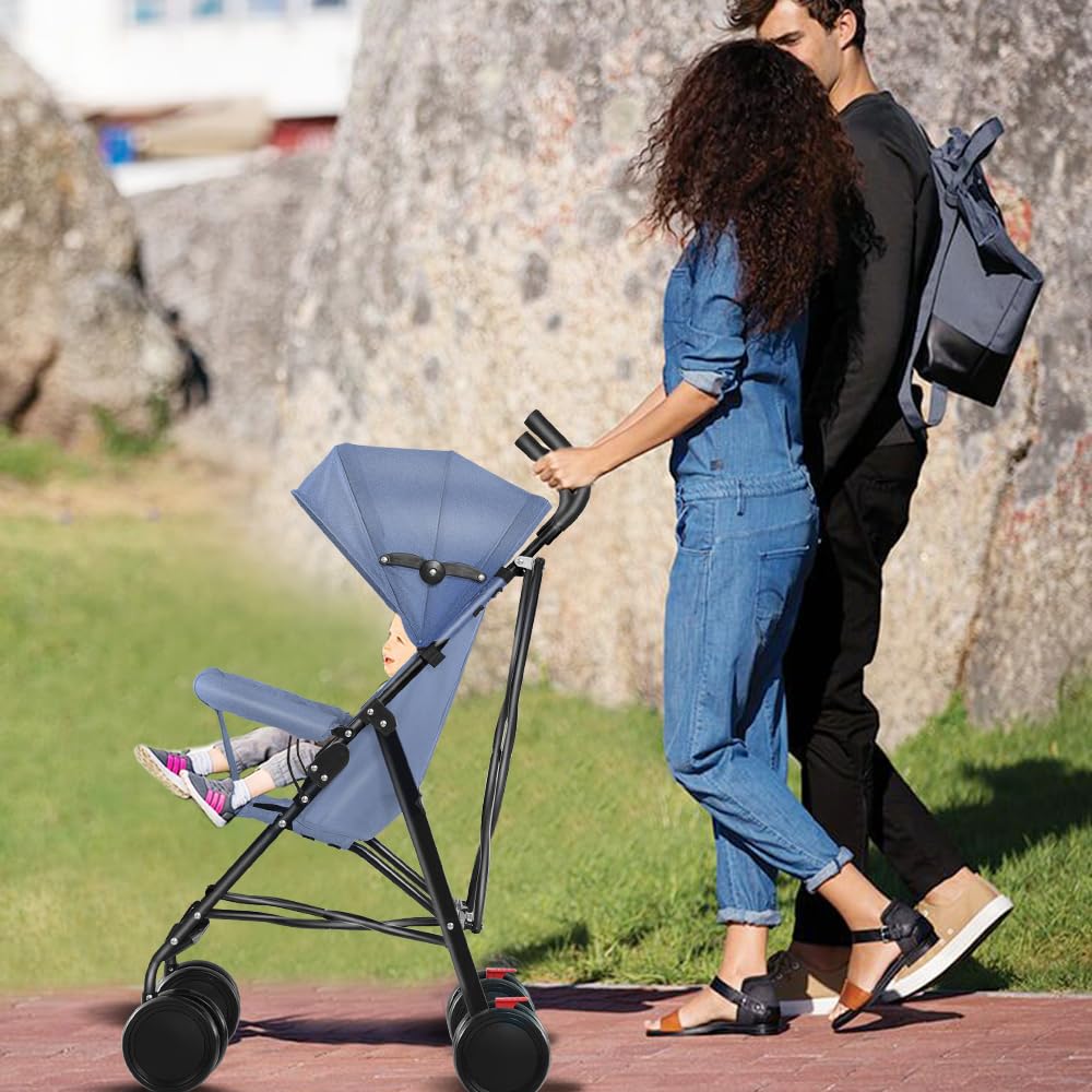 Poussette 3 en 1, Poussette Canne, Trio, Poussette Bebe, Landau Bébé, Accessoires, Adaptateurs Universels, Grandes Roues, 25kg, panier spacieux-D-bleu