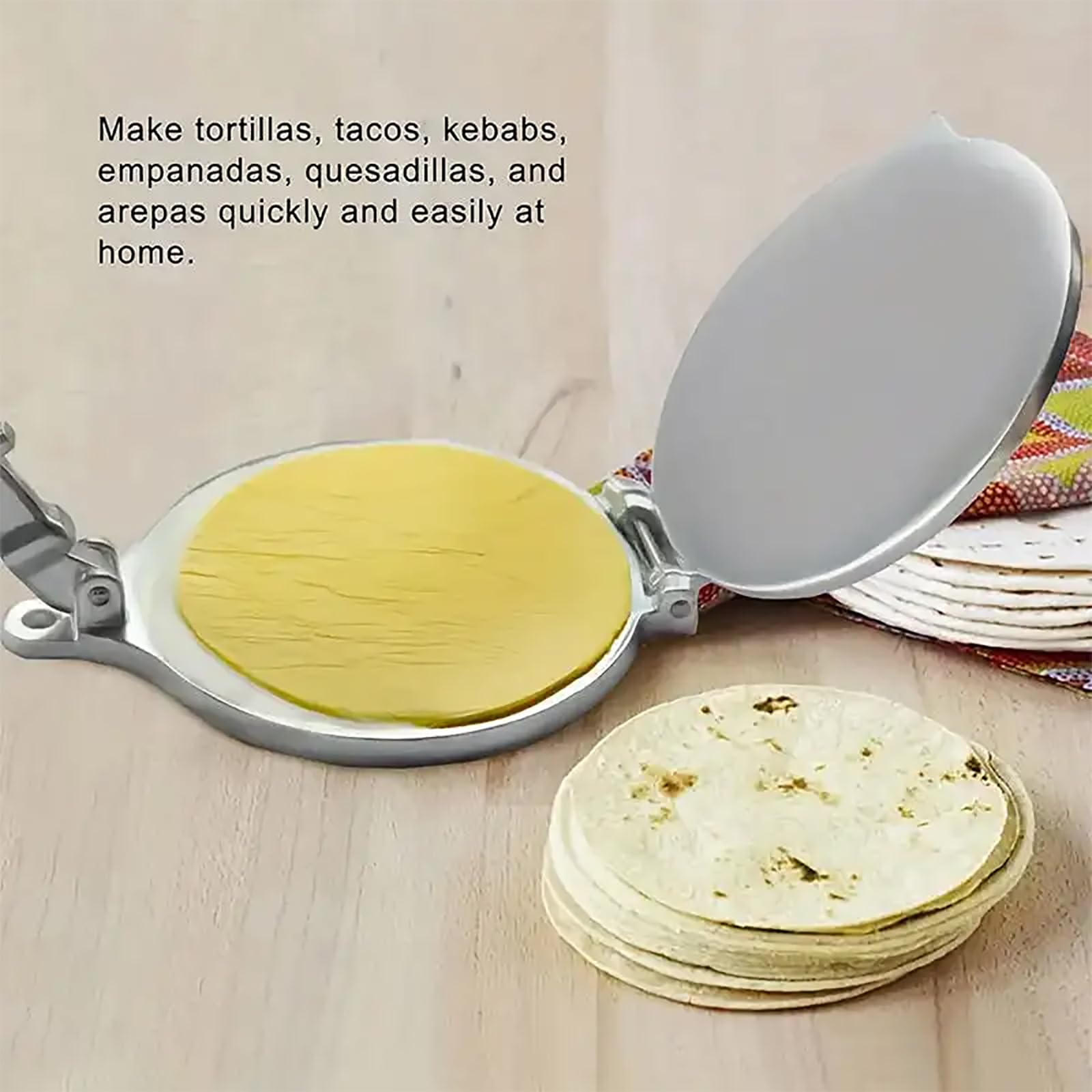 Pressa per pizza e tortilla, in lega di alluminio resistente per appiattire uniformemente l'impasto, ideale per fare tortillas, burritos, pizze e mini ciotole per torte