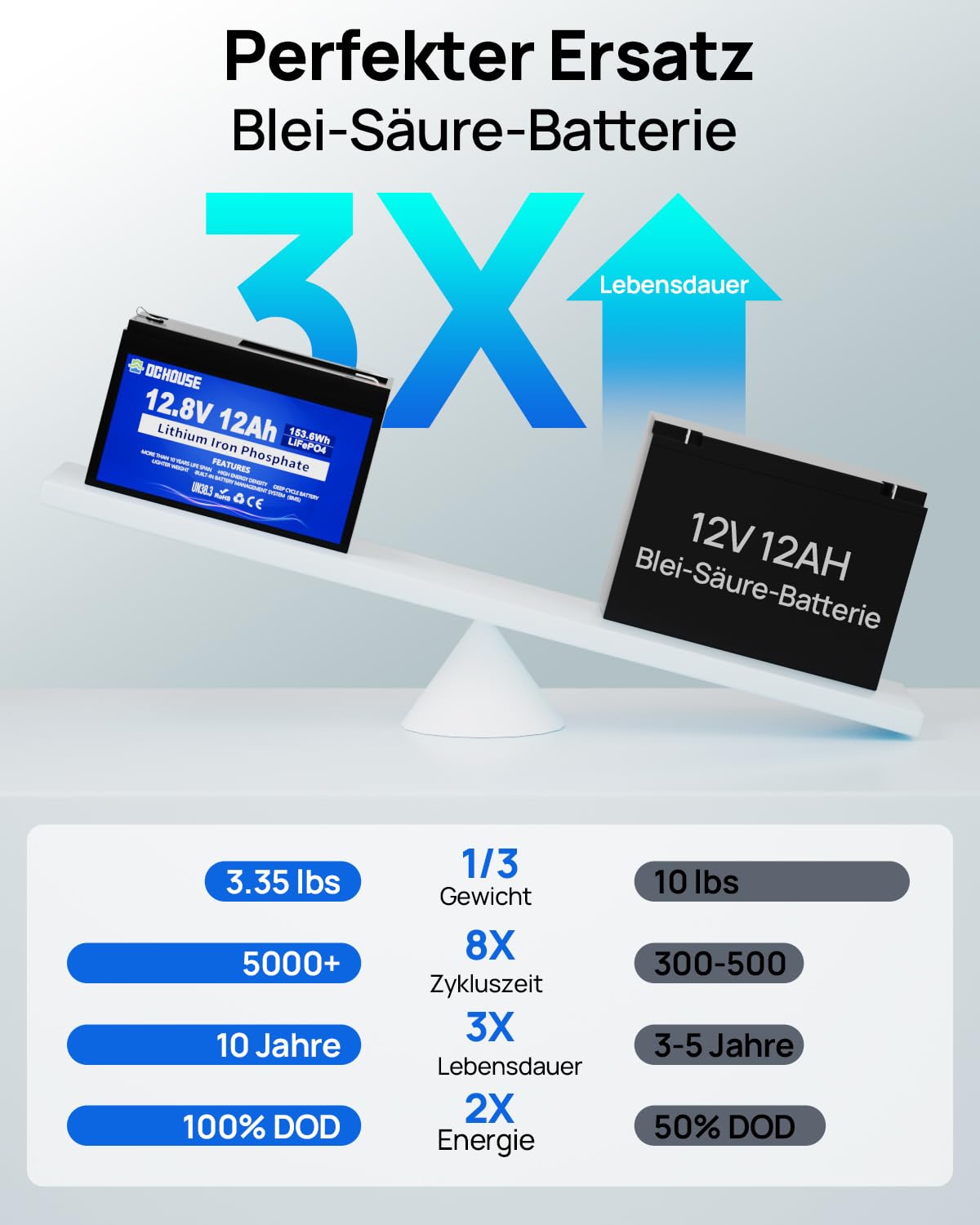 DCHOUSE 12V 12AH LiFePO4 Lithium Batterie mit 15A BMS, 10 Jahre Lebensdauer, 10000+ Zyklen, für Marine, Trolling Motor Fish Finder, Kajak, Power Wheels