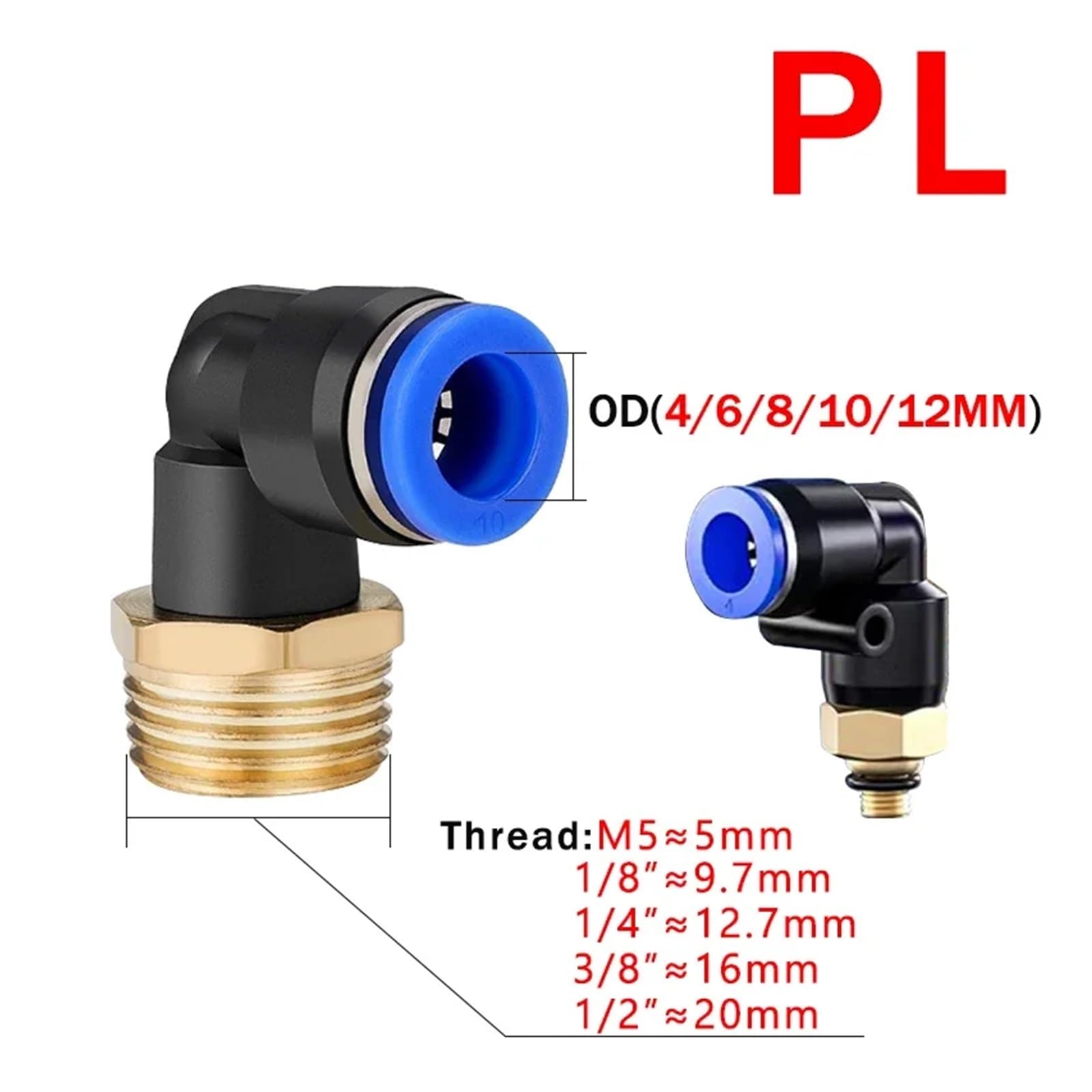5 szt. Złącze pneumatyczne pneumatyczne 4 6 8 10 12 mm gwint 1/8 1/4" 3/8" 1/2" do węży powietrznych z łokciem tchawicy (PL8-04)