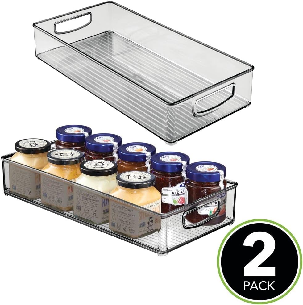 mDesign Plastic Stackable Kitchen Pantry Cabinet, Refrigerator or Freezer Food Storage Bin with Handles - Organizer for Fruit, Yogurt, Snacks, Pasta - BPA Free, 16" Long, 2 Pack - Smoke Gray
