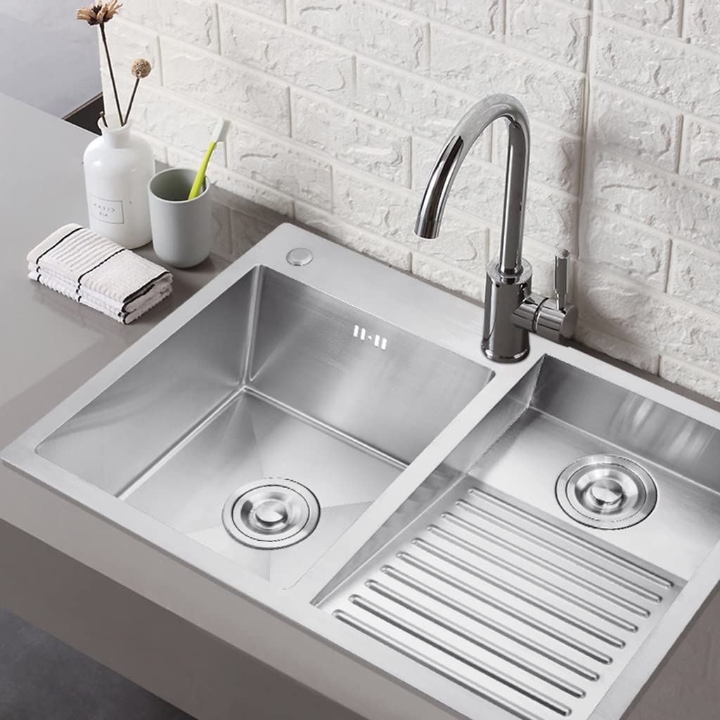 Fregadero de lavandería Plateado, de Acero Inoxidable 304, Doble cubeta Profunda, instalación empotrada o bajo encimera, con Grifo, Fregadero de Cocina Auxiliar, fácil de Limpiar (