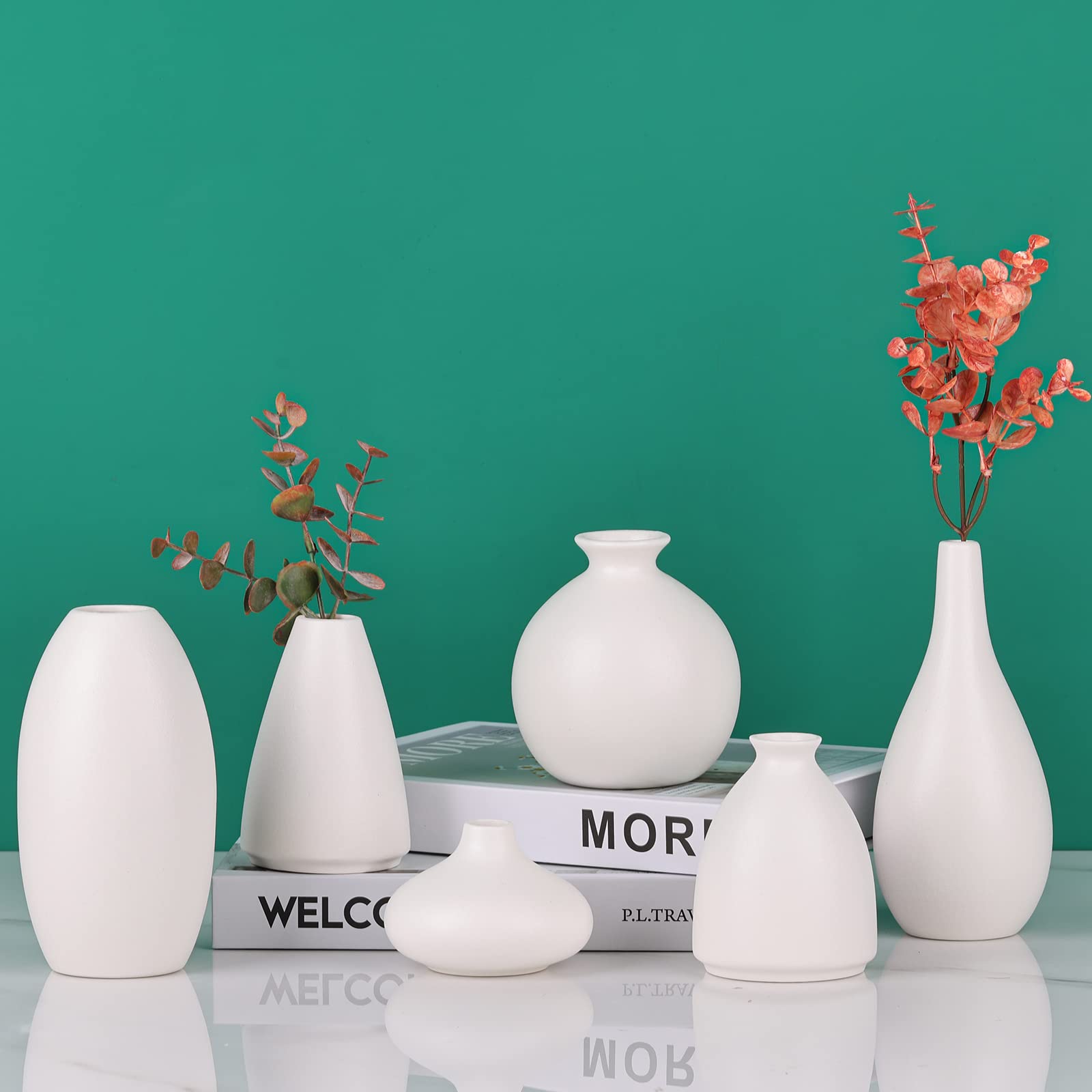 Kleine Weiße Vase, 6er-Set, Keramik-Knospenvasen für Tafelaufsätze, Zimmerpflanzen, Ikebana, Mini-Vasen für Dekoration, Geeignet für Hochzeit, Modern, Minimalistisch