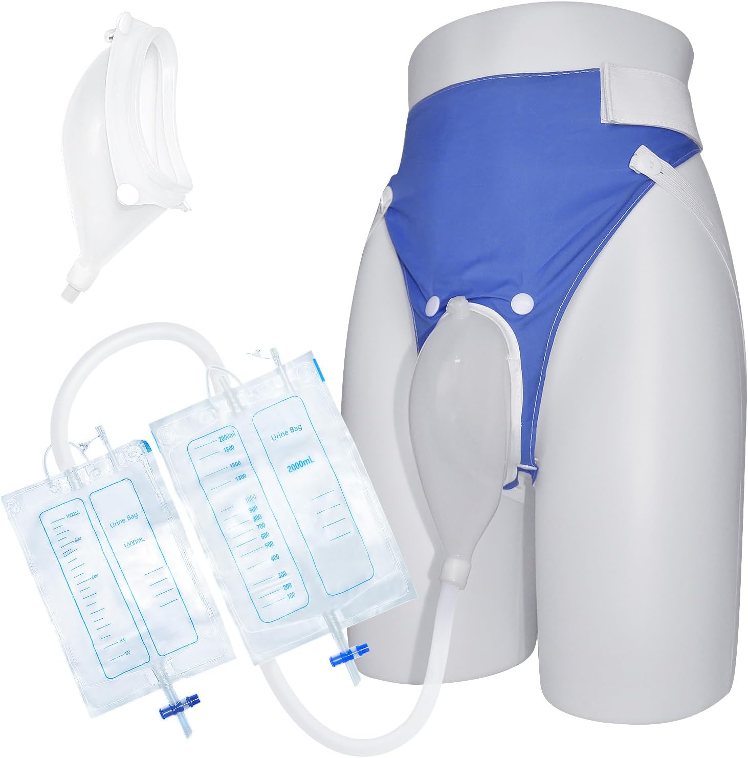 Efficient Wearable Urine Collector Set with Breathable Fixing Pants Reusable Silicone Catcher 2000ml and 1000ml Urinary Drainage Bags 1.2M Flexible Tube for Men and Seniors, Elderly Men Blue