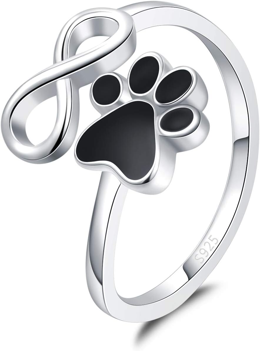 BEILIN Pet Lovers Paw Print Love Heart Rings 925 Sterling Silver Adjustable Rings Sweet Pet Animal Jewelry We are Family Love Dog Cat Claw Ring(Infinity paw ring)