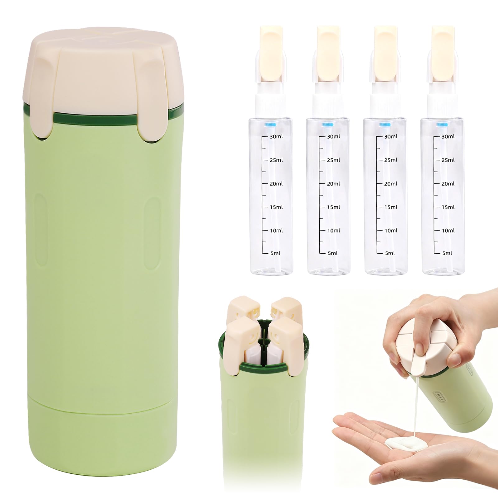 Bouteilles de voyage 4 en 1 à remplir, portable, transparent, avec échelle de mesure et étiquettes, bouteilles de voyage à remplir pour shampooing, après-shampooing, lotion et gel douche (vert)