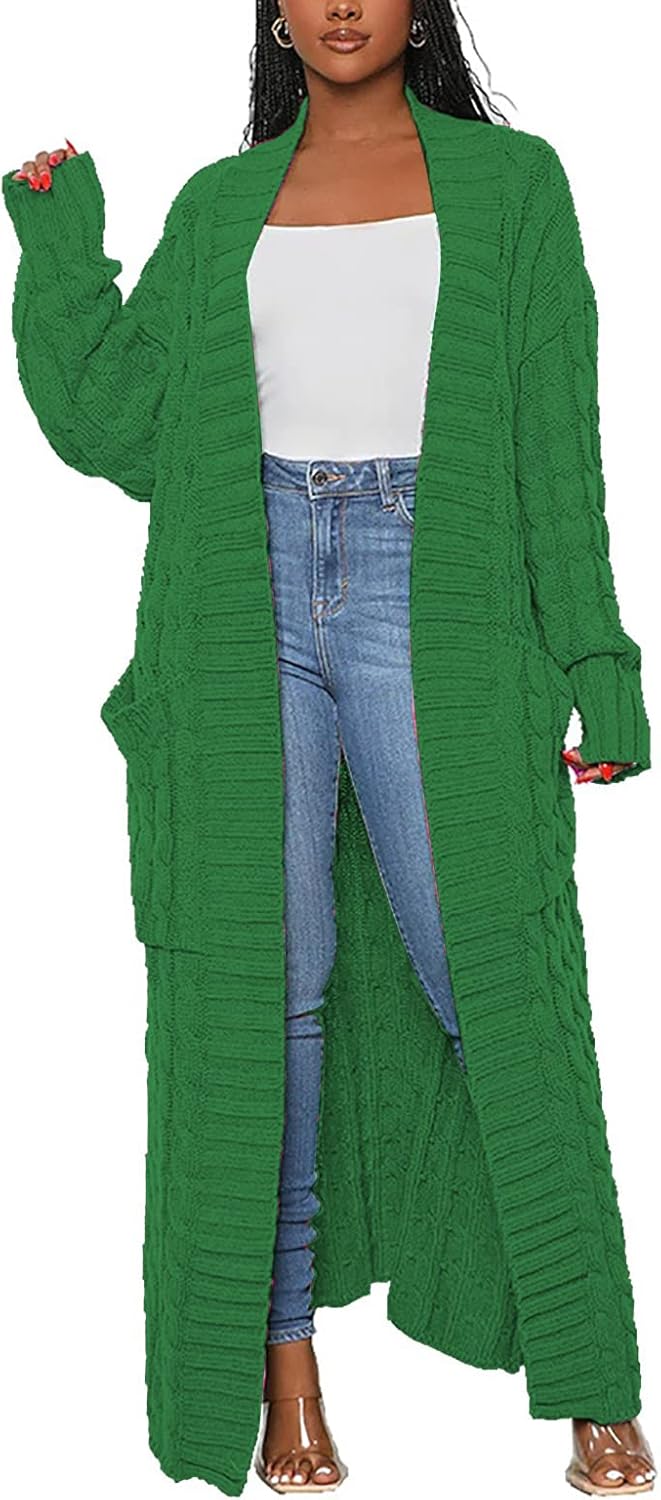Tcremisa Long Cable Knit Cardigans for Women Chunky Open Front Maxi Sweater Coat Loose Dual Pocket Winter Outwear