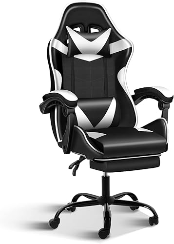 Simple Deluxe Racing - Silla ergonómica para videojuegos, con reposapiés, color negro y blanco