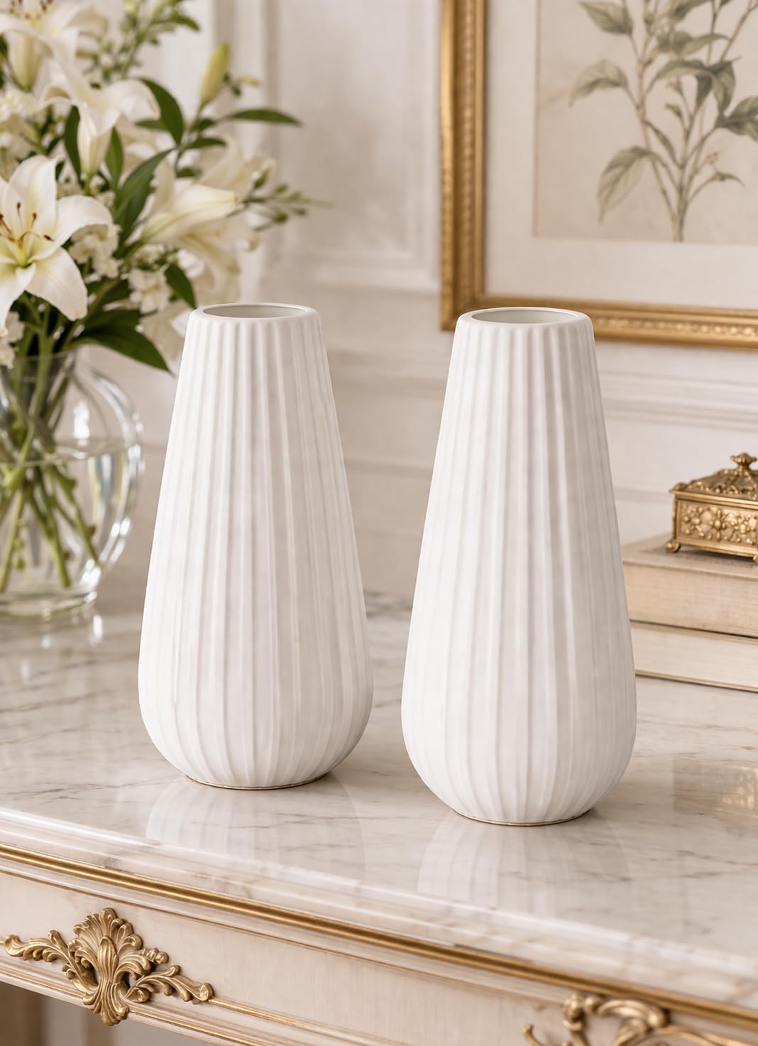 Plastic Vase, White, Ribbed Style, for Fresh and Artificial Floral Arrangements, Set of 2-image-42