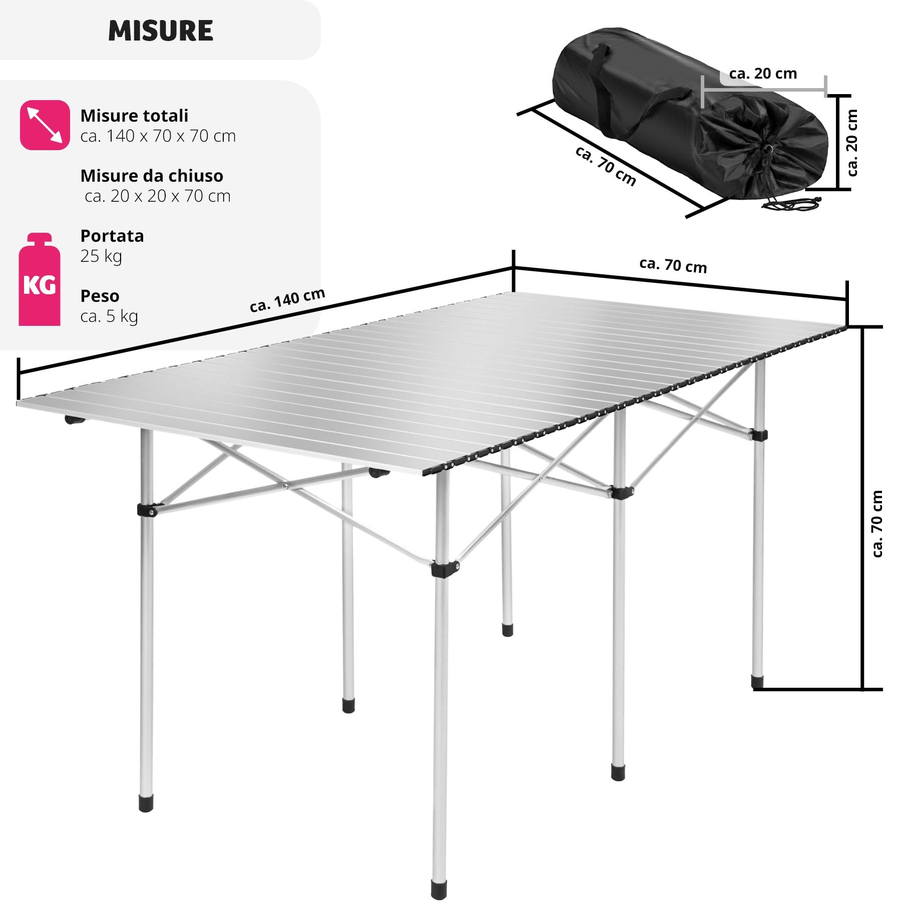 tectake® Tavolo da Campeggio Pieghevole, Telaio in Alluminio, Tavolo Salvaspazio con Pratica Borsa da Trasporto, Resistente alle Intemperie, 140x70x70 cm - Grigio