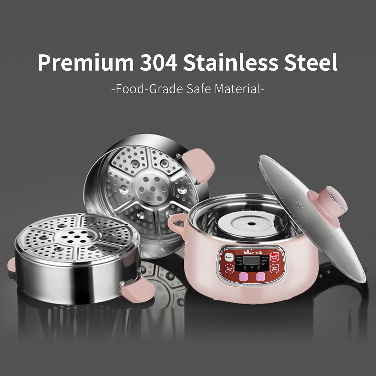 Bear Electric Multifunctional Food Steamer, One Touch Digital Steamer with Timer, Vegetable Steamer 2 Tiered Stackable Stainless Steel Baskets, Auto Shut-off & Anti-dry Protection, 1200W, 8.5Quart