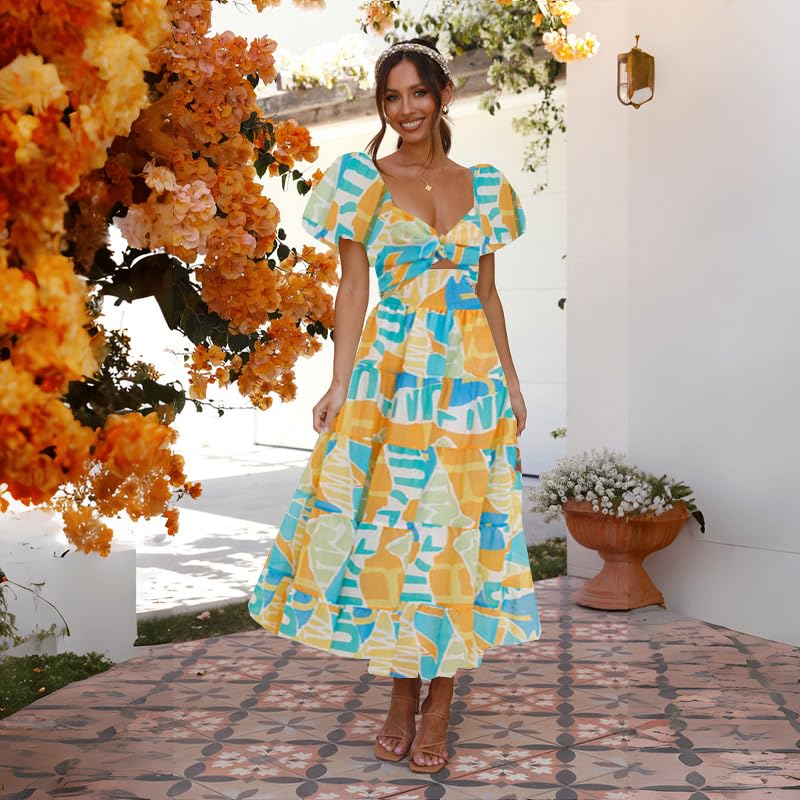 Image of GOLDSTITCH Women's 2026 Boho Floral Maxi Dress Puffy Short Sleeve Cutout V Neck Casual Long Beach Dress
