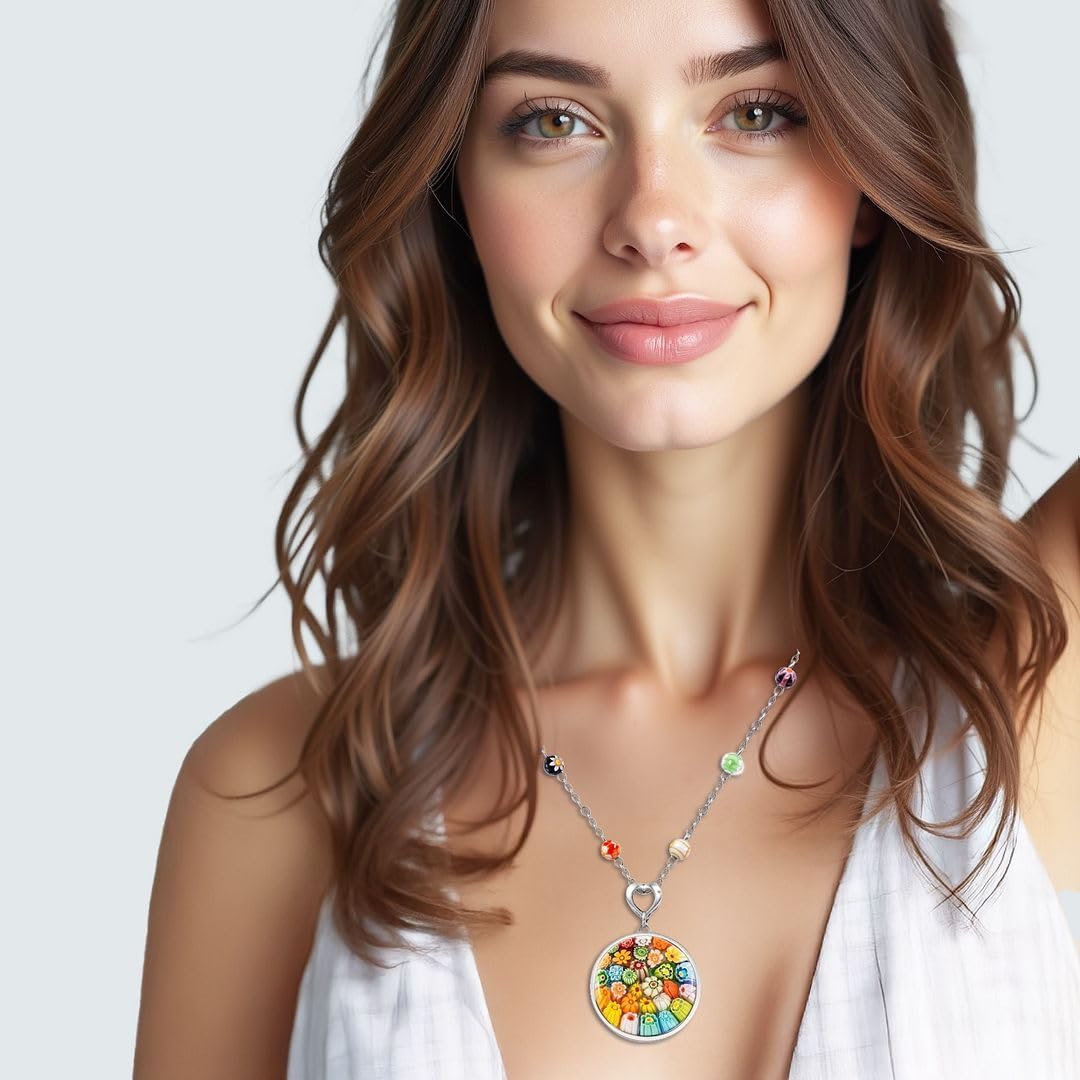 SHOP LC Murano Style Multicolor Millefiori Glass Pendant Necklace - Beads Flowers Florals Colorful Jewelry for Women - Stainless Steel 24 Inches Chain - Gifts