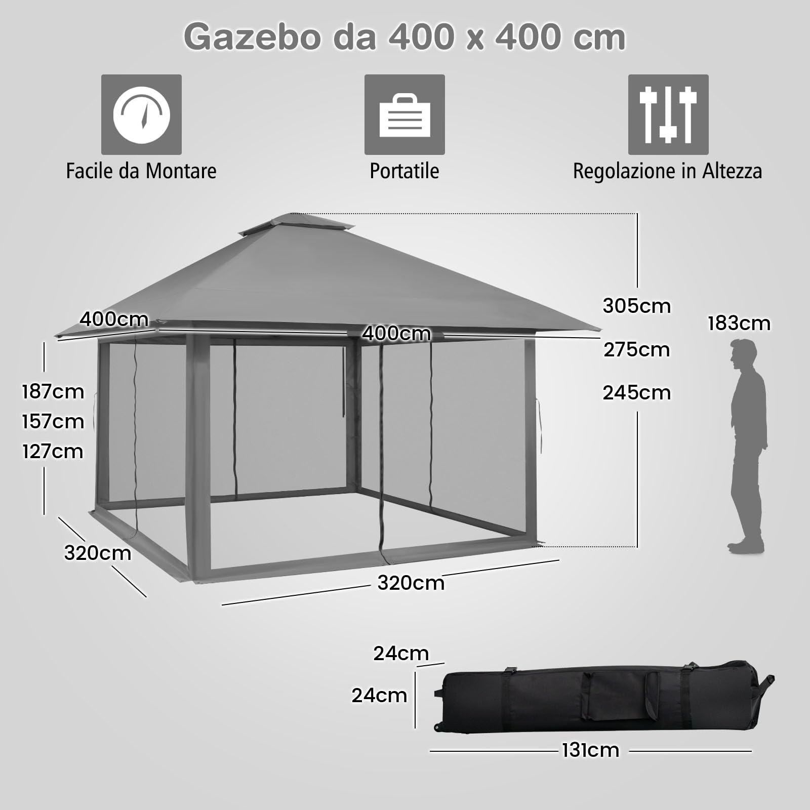 RELAX4LIFE Gazebo da Giardino 4x4M, Pop-up Pieghevole con Zanzariera e Doppio Tetto, Altezza Regolabile per Patio, Giardino e Cortile (GRIGIO)