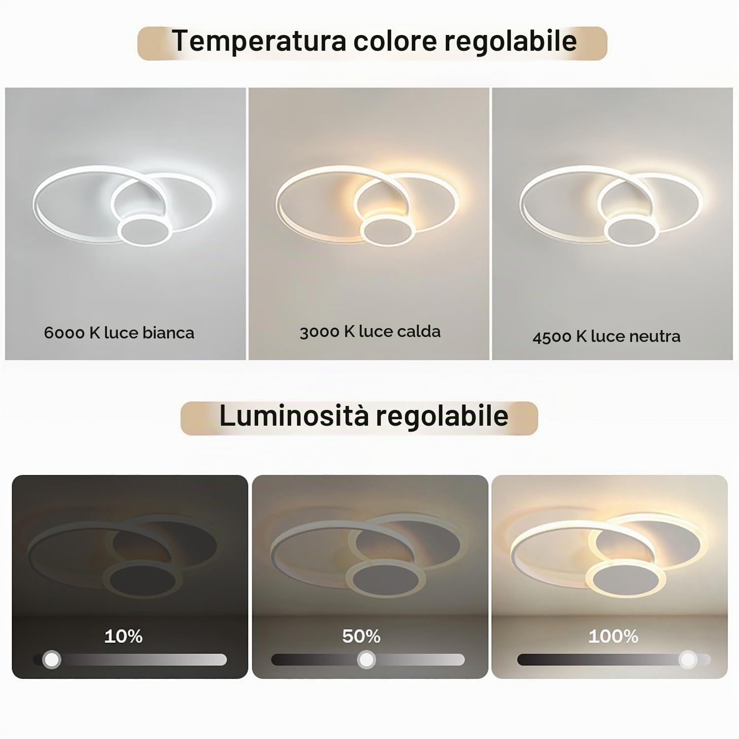 Plafoniera LED Soffitto, 39W Lampada da Soffitto Moderna Rotonda, 52CM Plafoniera Camera da letto Dimmerabile 3000K-6000K, Plafoniera LED per Soggiorno Camera da letto Camera dei Bambini