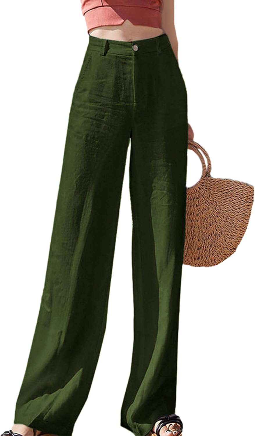 Hooever Womens Casual High Waisted Wide Leg Pants Button Up Straight Leg Trousers
