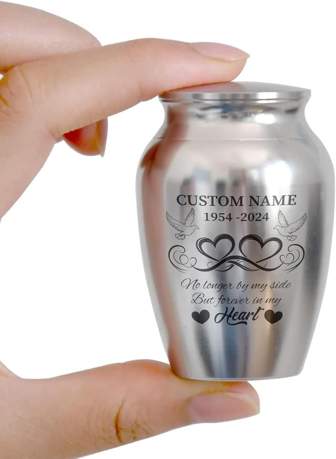 Artsy Woodsy Personalized Infinity Love with Doves Mini Urns Stainless Steel, Decorative Keepsake Urns with Dove and Heart Design 2.56 inch, Funeral Memorial Urns for Adult Male Female Ashes