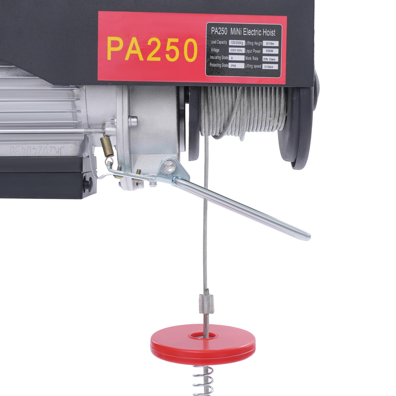 Elektrische Seilwinde 550W 125kg/250kg Hubhöhe 9m/18m Stahlseil mit Fernbedienung & Endschalter