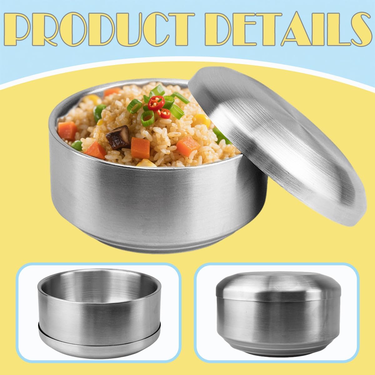 6 Pcs Stainless Steel Rice Bowl with Lid Korean Kitchenware Large Insulated Bowl Multifunctional Soup Bowls Snacks Bowls for Keeping Food Warm Snacks Lunch Box Parties（5.11in Silver